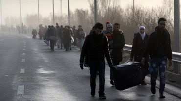 Des migrants et des réfugiés traversent la frontière gréco-macédonienne près du village grec d'Idomeni, le 1er mars 2016 on 1 March, 2016